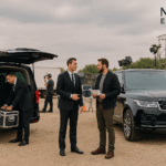 Two luxury vehicles, a Mercedes V-Class and a Range Rover, are parked at a film location as chauffeurs assist crew with production logistics and equipment.