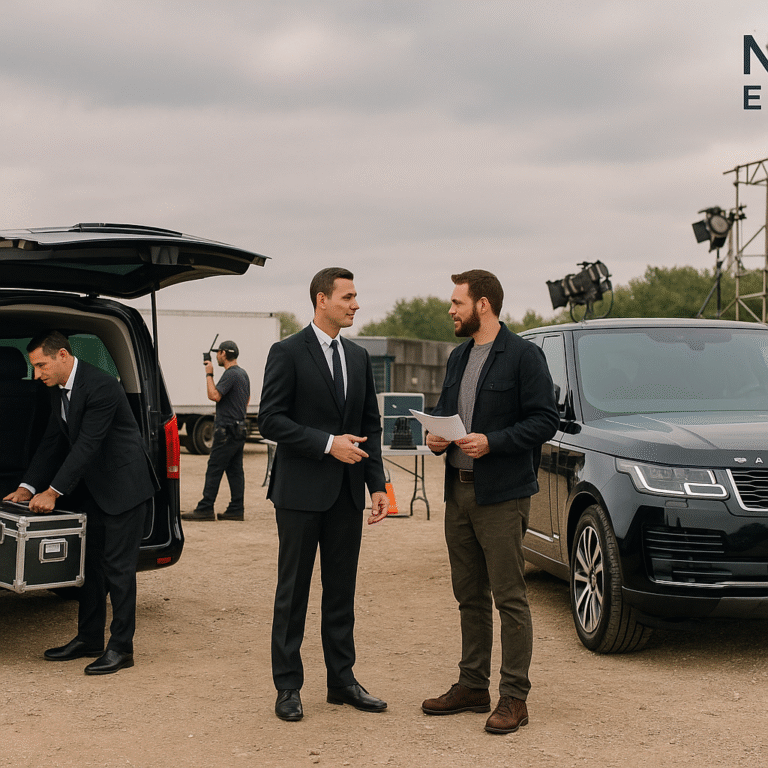 Two luxury vehicles, a Mercedes V-Class and a Range Rover, are parked at a film location as chauffeurs assist crew with production logistics and equipment.