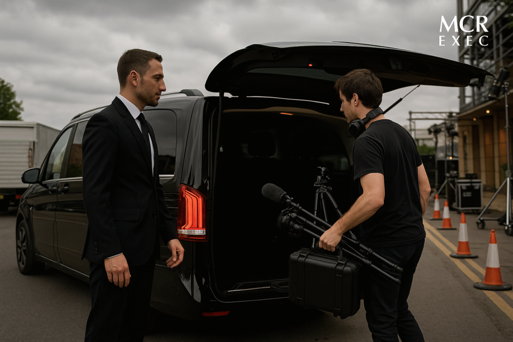 A chauffeur assists a crew member loading camera gear into a black Mercedes-Benz V-Class at a film set location in Manchester.