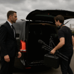 A chauffeur assists a crew member loading camera gear into a black Mercedes-Benz V-Class at a film set location in Manchester.