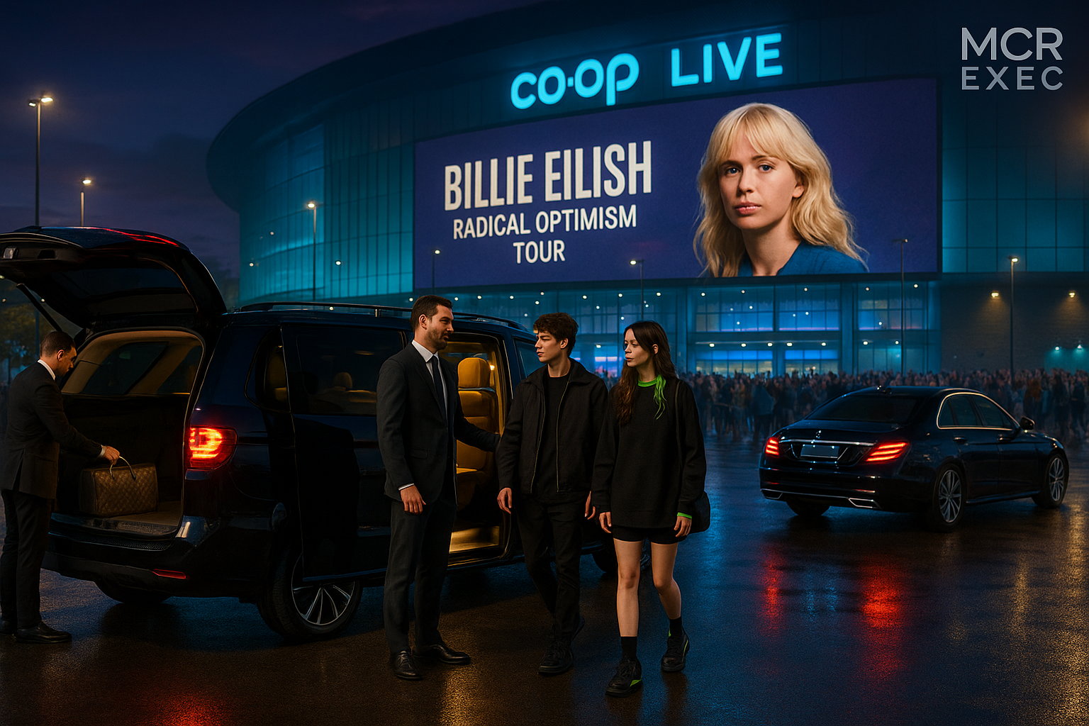 An MCR EXEC chauffeur opens the door of a black Mercedes V-Class for a stylish couple arriving at Co-op Live Arena under neon lights for the Billie Eilish Radical Optimism Tour, with a Range Rover and Mercedes S-Class in the background and fans gathering near the entrance.