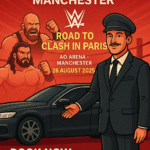 Cartoon-style poster with MCR EXEC chauffeur beside a luxury black car and WWE wrestlers in front of a wrestling ring.
