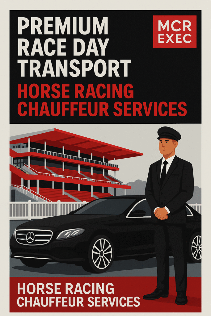 Stylised promotional poster for MCR EXEC Horse Racing Chauffeur Services featuring a chauffeur, luxury car, and grandstand in company colours