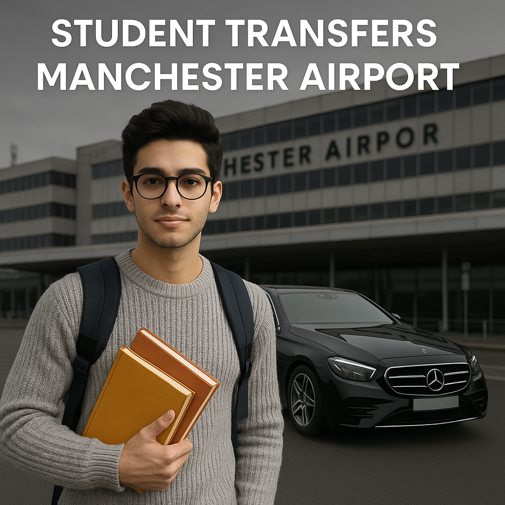 Student being assisted by MCR EXEC chauffeur at Manchester Airport with luggage in front of a luxury vehicle

