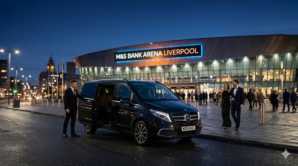 M&S Bank Arena Chauffeur Service with black 2025 Mercedes V-Class MPV by MCR EXEC parked outside M&S Bank Arena Liverpool at night with chauffeur opening door for event guests