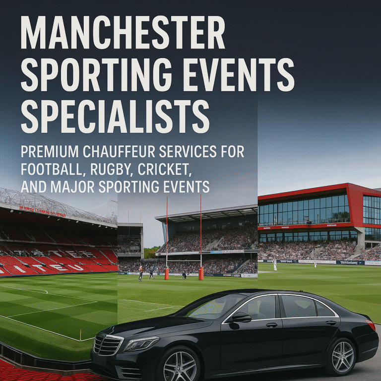 Promotional graphic showing MCR EXEC’s premium chauffeur service for Manchester sporting events, featuring luxury car, Old Trafford, rugby stadium, and cricket ground.
