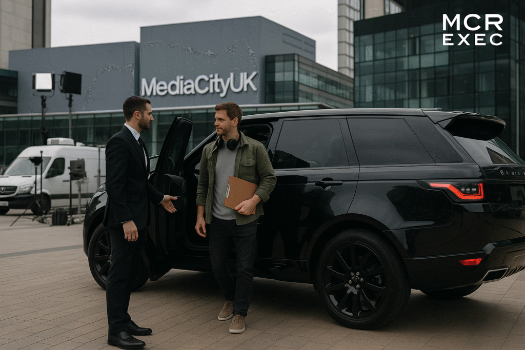A luxury black Range Rover arrives at MediaCityUK as a professional chauffeur opens the door for a casually dressed producer with a clipboard and headphones.