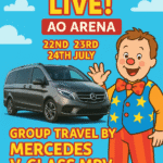Colourful poster showing Mr. Tumble beside a Mercedes V-Class MPV promoting group travel for families to Mr. Tumble Live at AO Arena.