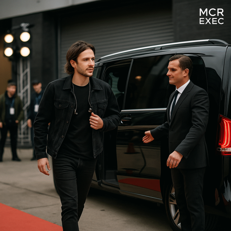 A casually dressed male performer exits a black Mercedes V-Class with in-ear monitors around his neck, assisted by a chauffeur outside a UK concert venue.