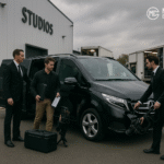 Two professional chauffeurs assist a film crew with gear at a UK production studio, loading equipment into a luxury black Mercedes-Benz V-Class.