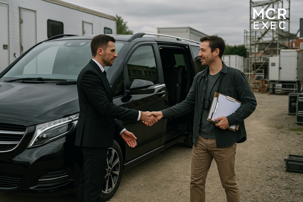 A professional chauffeur shakes hands with a logistics coordinator at a UK film production site, beside a black Mercedes-Benz V-Class and trailers.