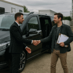 A professional chauffeur shakes hands with a logistics coordinator at a UK film production site, beside a black Mercedes-Benz V-Class and trailers.