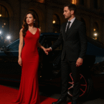A glamorous woman in a red gown steps out of a black Mercedes onto the red carpet in Manchester, assisted by a professional chauffeur under evening lights.