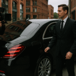 A smartly dressed chauffeur opens a luxury black Mercedes-Benz for a film crew member on a Manchester street, showcasing MCR EXEC's professional service.