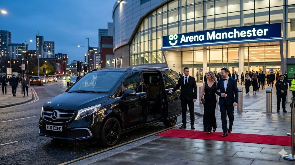 AO Arena Chauffeur Service with black 2025 Mercedes V-Class MPV and MCR-EXEC number plate outside AO Arena Manchester at evening concert arrival