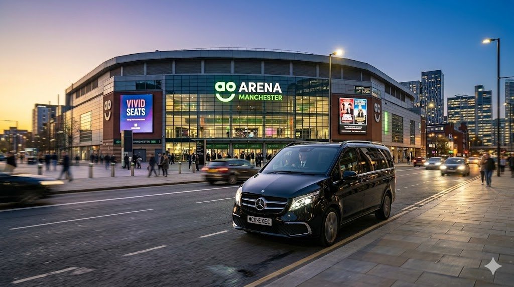 Arena Chauffeur Service with black Mercedes-Benz V-Class by MCR EXEC arriving near AO Arena Manchester for event travel