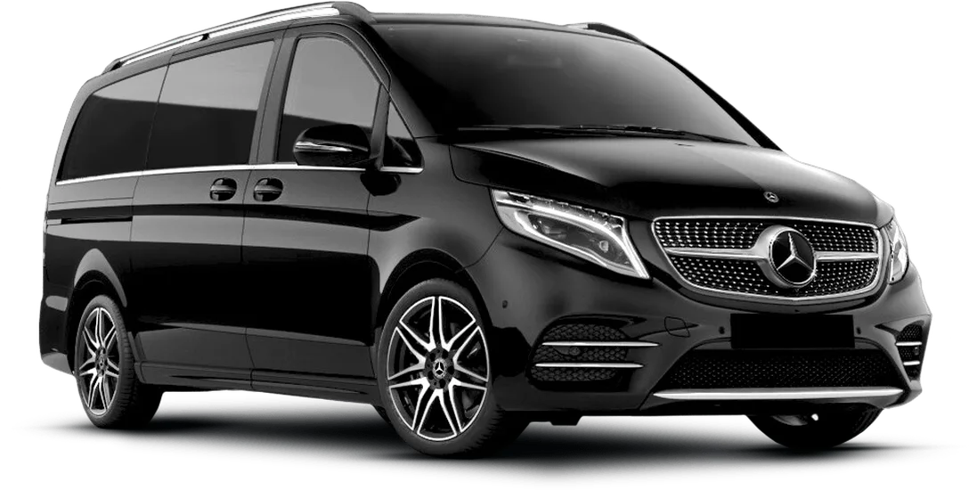Просторный черный минивэн Mercedes V-класса с тонированными стеклами создан для комфортного группового транспорта, семейных путешествий или поездок руководящего состава.