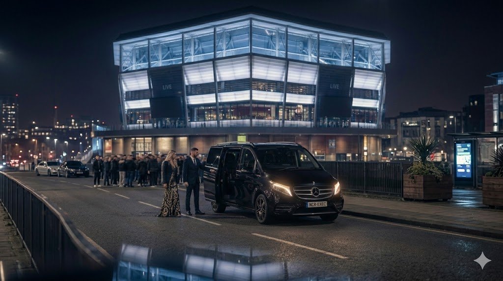 Co-op Live Chauffeur Service with black Mercedes-Benz V-Class by MCR EXEC for a Manchester Etihad Campus event night arrival
