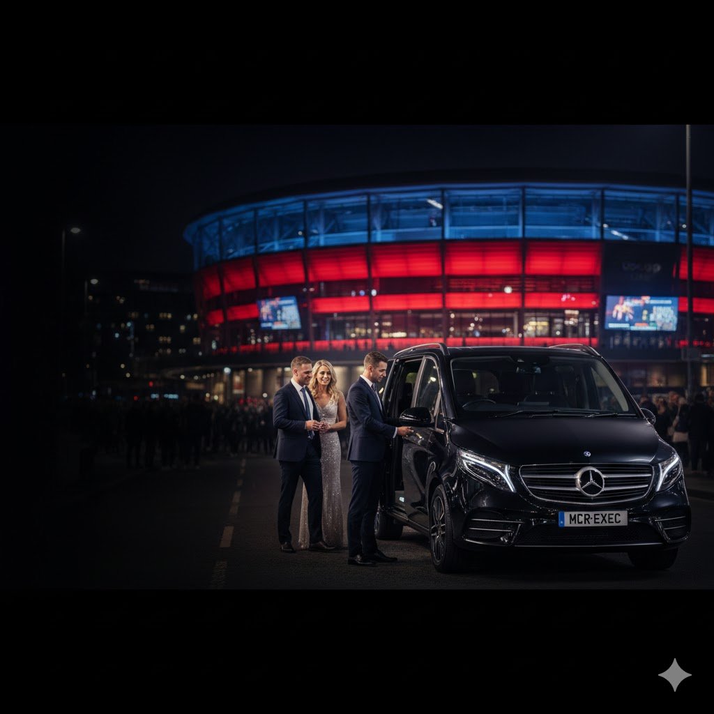 Co-op Live Chauffeur Service Manchester hero image showing a black 2025 Mercedes V-Class with MCR-EXEC number plate as a MCR EXEC chauffeur opens the rear door for VIP passengers outside Co-op Live arena at night.