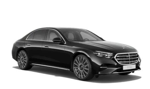 A sleek black Mercedes E-Class business saloon parked professionally, ideal for airport transfers and corporate travel in Manchester.