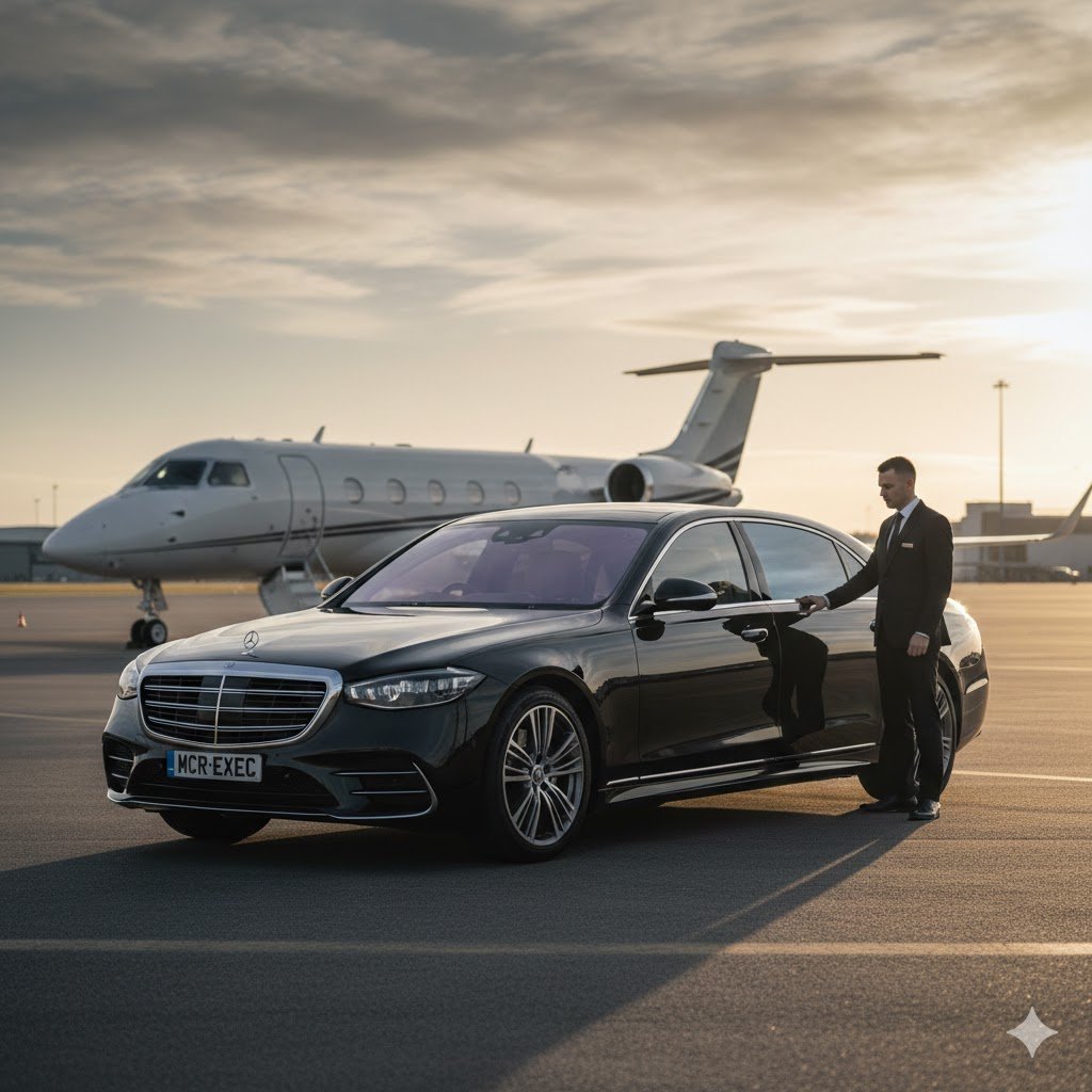 Signature Aviation Chauffeur Hire Manchester with black Mercedes S-Class 2025 model featuring MCR-EXEC number plate parked beside a private jet at Signature Aviation Manchester by MCR EXEC.