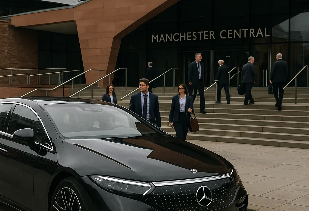 Luxury Mercedes chauffeur vehicle outside Manchester Central Convention Complex for corporate and event arrivals.