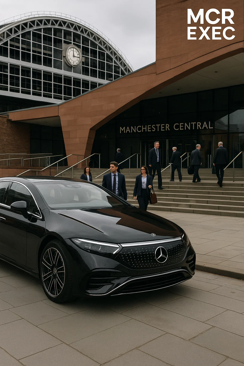 Luxury Mercedes chauffeur vehicle outside Manchester Central Convention Complex for corporate and event arrivals.