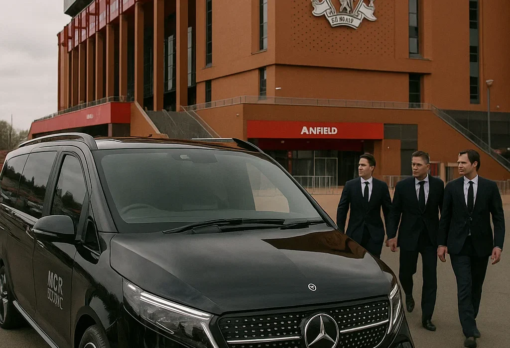 Luxury Mercedes chauffeur vehicle outside a football stadium (Anfield, Old Trafford, Etihad ) for VIP hospitality guests.