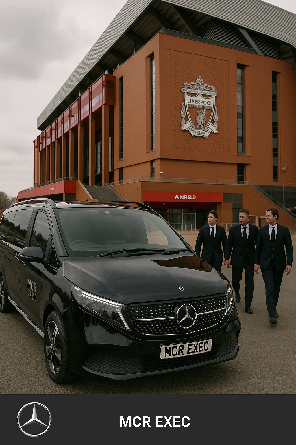 Luxury Mercedes chauffeur vehicle outside a football stadium (Anfield, Old Trafford, Etihad ) for VIP hospitality guests.