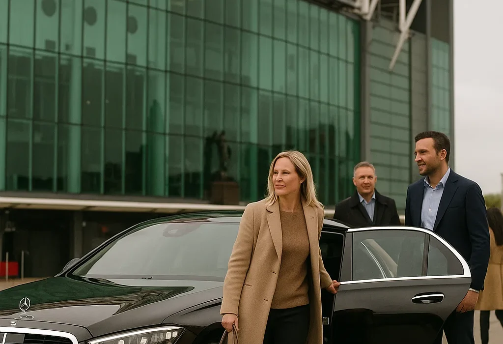 Black Mercedes chauffeur vehicle outside Old Trafford Stadium for VIP corporate box guests.