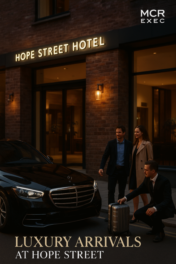 Premium Chauffeur for Hope Street Hotel Liverpool – Mercedes S-Class outside hotel entrance with chauffeur assisting guests.