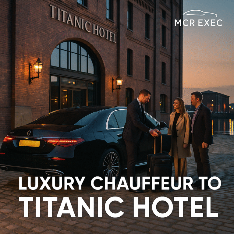 Chauffeur service for Titanic Hotel Liverpool – Mercedes S-Class at Stanley Dock with chauffeur assisting guests with luggage, transported from Manchester Airport