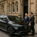Professional chauffeur service at The Municipal Hotel & Spa Liverpool. A black 2025 Mercedes EQS is parked elegantly outside the historic sandstone building, with a suited chauffeur greeting a business traveller. The luxury transfer reflects premium Manchester Airport to Liverpool chauffeur services by MCR EXEC.