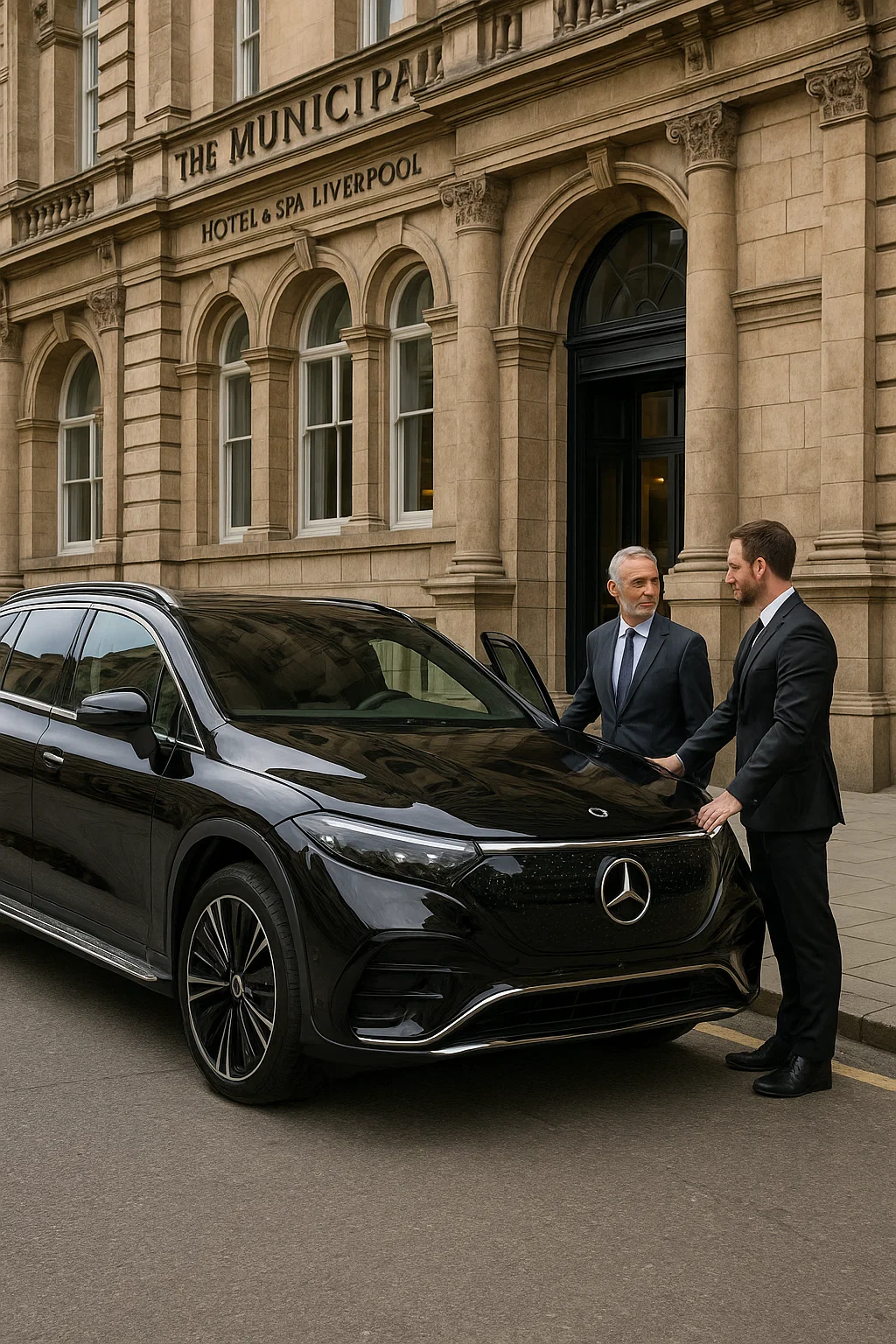 Professional chauffeur service at The Municipal Hotel & Spa Liverpool. A black 2025 Mercedes EQS is parked elegantly outside the historic sandstone building, with a suited chauffeur greeting a business traveller. The luxury transfer reflects premium Manchester Airport to Liverpool chauffeur services by MCR EXEC.