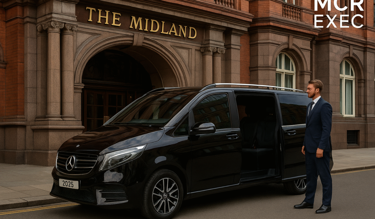 Chauffeur to Midland Hotel Manchester – black 2025 Mercedes V-Class parked outside the hotel with chauffeur, MCR EXEC logo in top right.