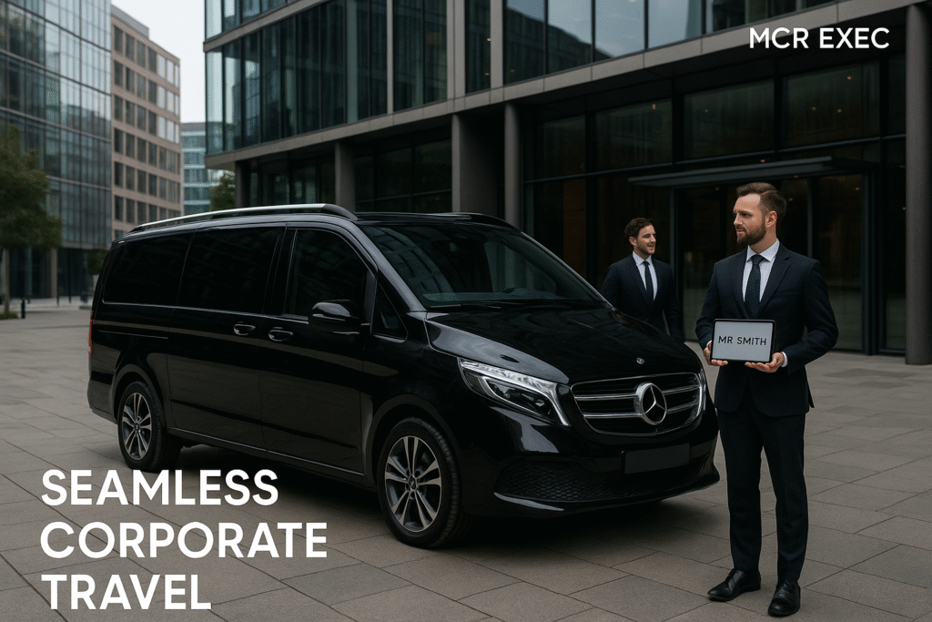 Corporate chauffeur Manchester – Mercedes V-Class outside Spinningfields with chauffeur and executives.