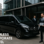 Corporate chauffeur Manchester – Mercedes V-Class outside Spinningfields with chauffeur and executives.