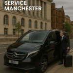 Corporate chauffeur service Manchester – black 2025 Mercedes V-Class with a suited businessman stepping out, MCR EXEC logo in top right.