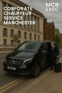 Corporate chauffeur service Manchester – black 2025 Mercedes V-Class with a suited businessman stepping out, MCR EXEC logo in top right.