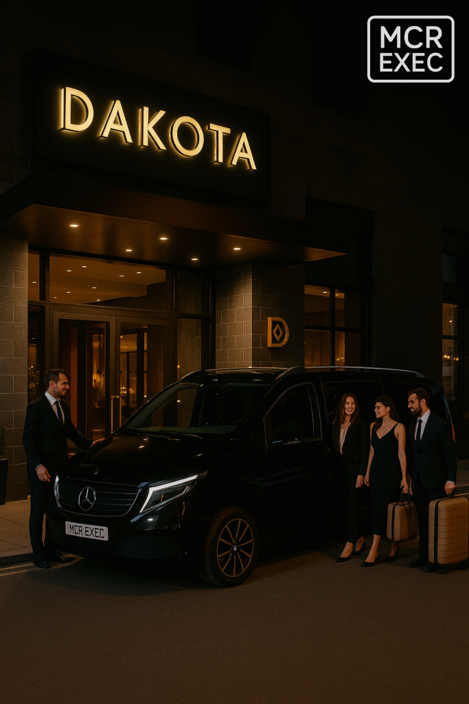 MCR EXEC chauffeur transfers for Dakota Hotel Manchester with a black 2025 Mercedes V-Class. A suited chauffeur assists three stylish guests with luggage at the hotel’s illuminated entrance, showcasing executive travel and luxury hospitality.
