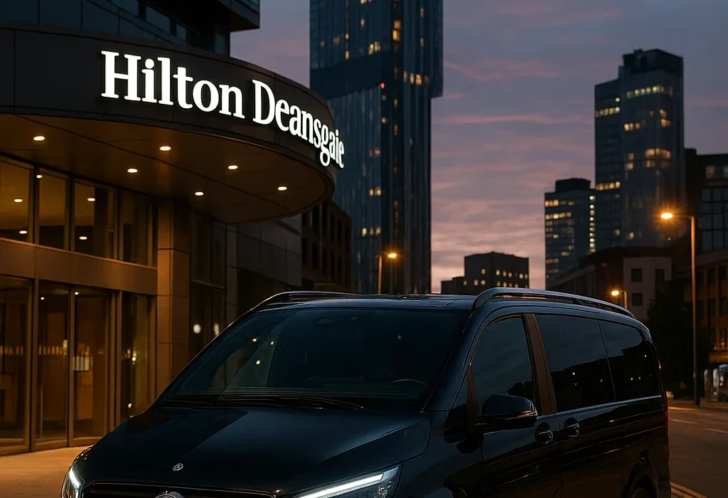 Hilton Deansgate chauffeur – black 2025 Mercedes V-Class parked outside the hotel’s glass tower in Manchester, MCR EXEC logo in top right.