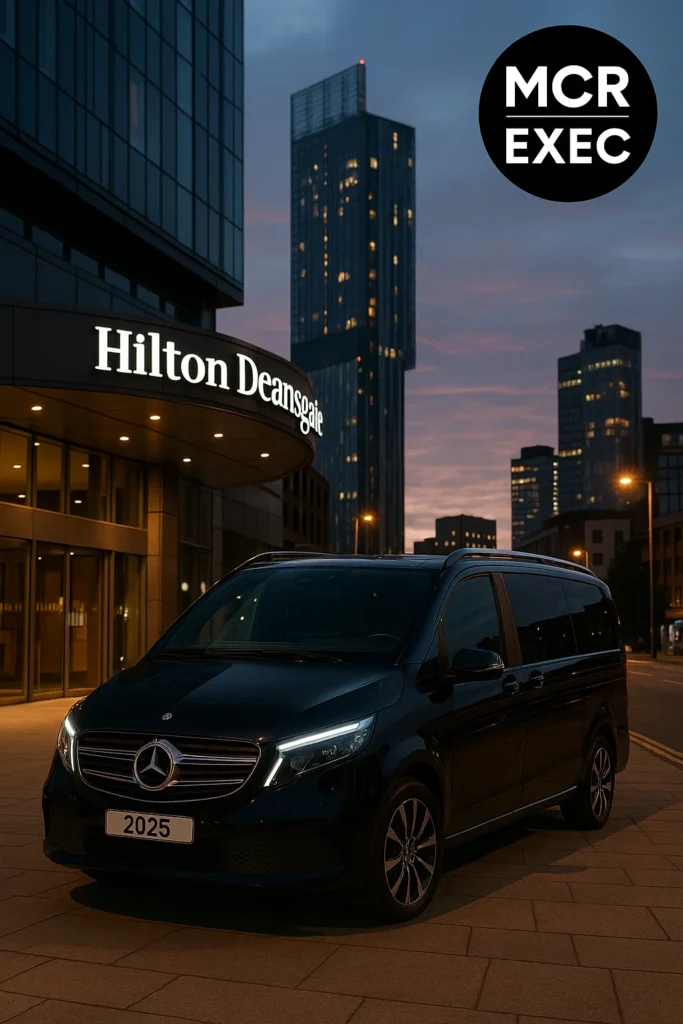 Hilton Deansgate chauffeur – black 2025 Mercedes V-Class parked outside the hotel’s glass tower in Manchester, MCR EXEC logo in top right.

