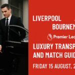 Professional chauffeur opening door of black Mercedes outside modern building, promoting VIP travel to Liverpool v AFC Bournemouth match at Anfield, 15 August 2025. Red matchday guide banner with MCR EXEC branding and Premier League logo.