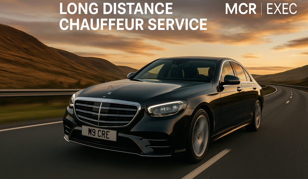 Luxury long distance chauffeur service Manchester – black 2025 Mercedes S-Class driving along a winding countryside road at sunset, MCR EXEC logo in top right.