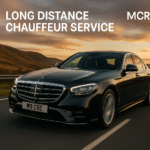 Luxury long distance chauffeur service Manchester – black 2025 Mercedes S-Class driving along a winding countryside road at sunset, MCR EXEC logo in top right.
