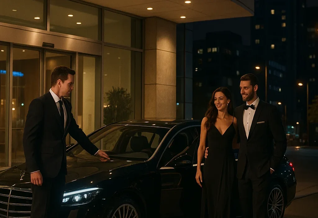 Luxury chauffeur service in Manchester with Mercedes S-Class parked at The Lowry Hotel. Chauffeur opens rear door for a VIP couple dressed for an evening event