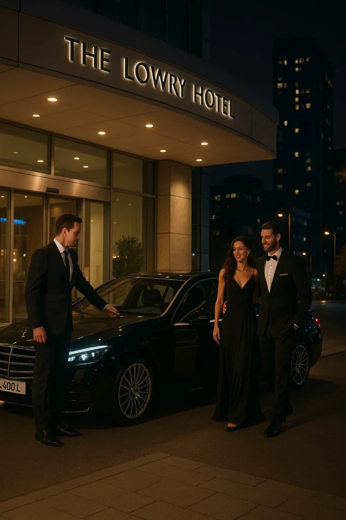 Luxury chauffeur service in Manchester with Mercedes S-Class parked at The Lowry Hotel. Chauffeur opens rear door for a VIP couple dressed for an evening event
