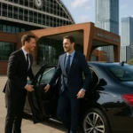 Professional Manchester chauffeur service by MCR EXEC. A suited chauffeur opens the door for a business client exiting a black Mercedes in front of Manchester Central Convention Complex.