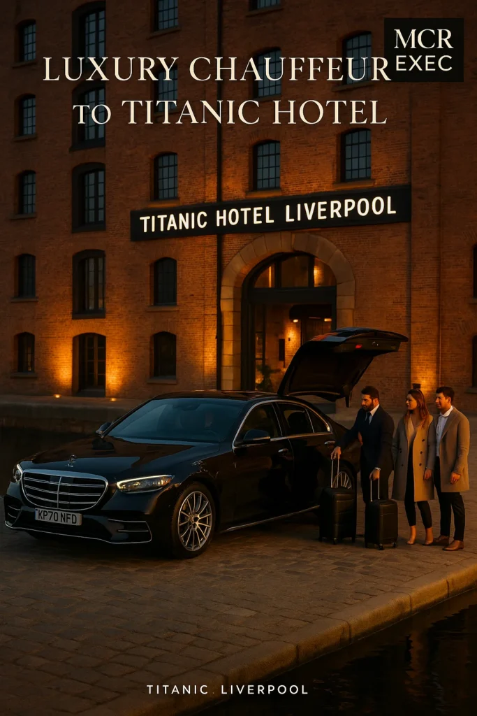 Chauffeur for Titanic Hotel Liverpool – Mercedes S-Class parked at Stanley Dock with chauffeur assisting guests.