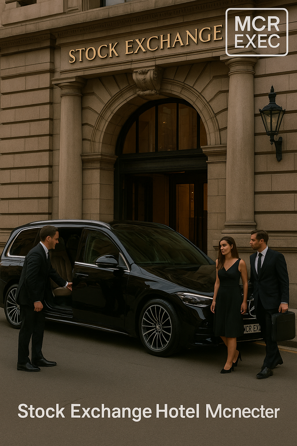 MCR EXEC chauffeur service at Stock Exchange Hotel Manchester with a luxury black 2025 Mercedes S-Class. A professional chauffeur assists a VIP couple with luggage outside the hotel’s historic Edwardian façade.